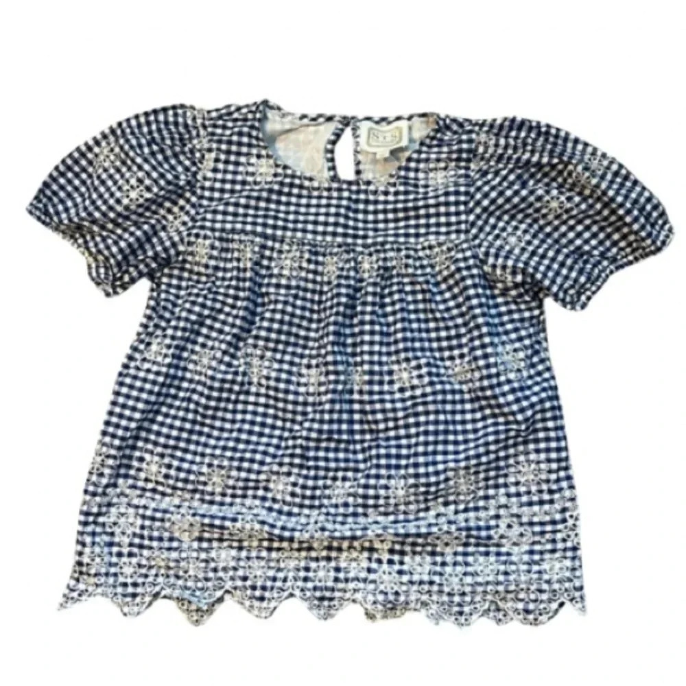 Women’s Sail To Sable‎ Blouse Blue & White Check &  Floral Embroidery Size Large